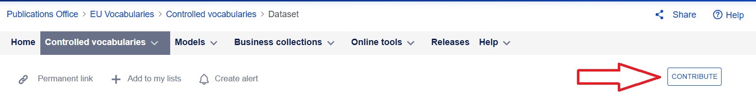 The CONTRIBUTE button appears when you browse a dataset on EU Vocabularies