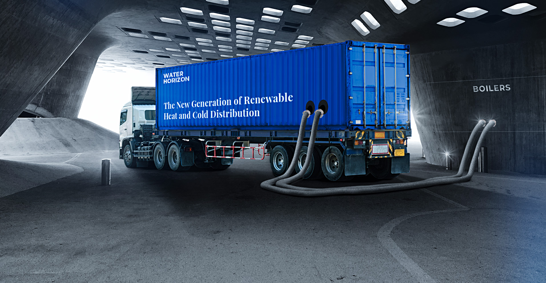 A truck with a blue container parked in a modern, futuristic structure. The container has the text ‘Water Horizon: the next generation of renewable heat and cold distribution’ printed on its side. Several hoses are connected from the container to a section labelled ‘Boilers’, suggesting a system for distributing renewable heating and cooling.