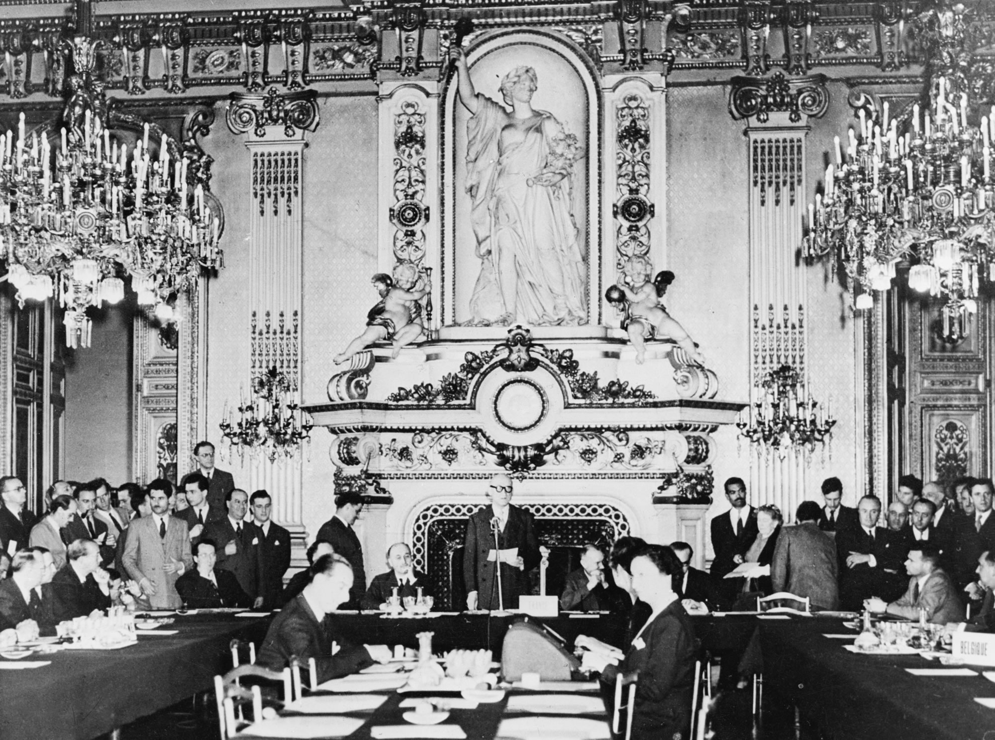 The Schuman Declaration on 9 May 1950 in the clock room of the French Foreign Ministry on the Quai d’Orsay in Paris: the French Foreign Minister Robert Schuman proposed that the European coal and steel industry be pooled to create the European Coal and Steel Community. It was thought that this would make war between the participating countries not merely unthinkable, but materially impossible.