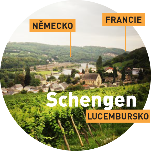 Město Schengen v Lucembursku poblíž lucemburských hranic s Německem a Francií, s označením směru, kde se hranice s těmito zeměmi nacházejí. 