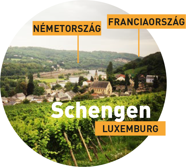 A luxemburgi Schengen városa, a Németországgal és Franciaországgal közös határ közelében. A képen felirat jelzi a német és francia határt. 
