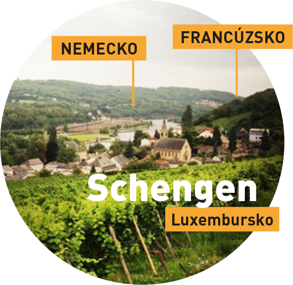 Mesto Schengen v Luxembursku v blízkosti hraníc Luxemburska s Nemeckom a Francúzskom, s označením, kde sa hranice s Nemeckom a Francúzskom nachádzajú.