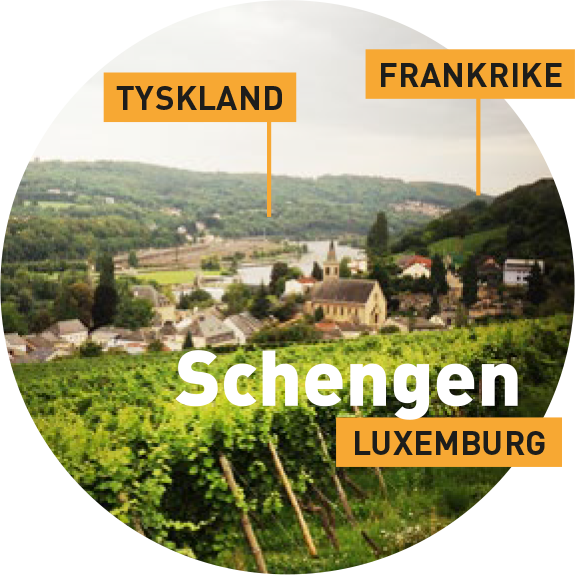 Staden Schengen i Luxemburg, nära gränsen till Tyskland och Frankrike. På bilden syns skyltar som visar var de olika länderna ligger. 
