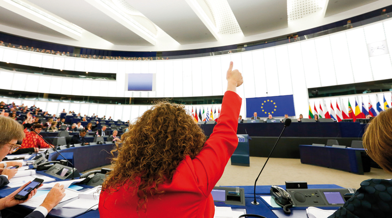 Posłanka do Parlamentu Europejskiego podnosi rękę w Parlamencie Europejskim