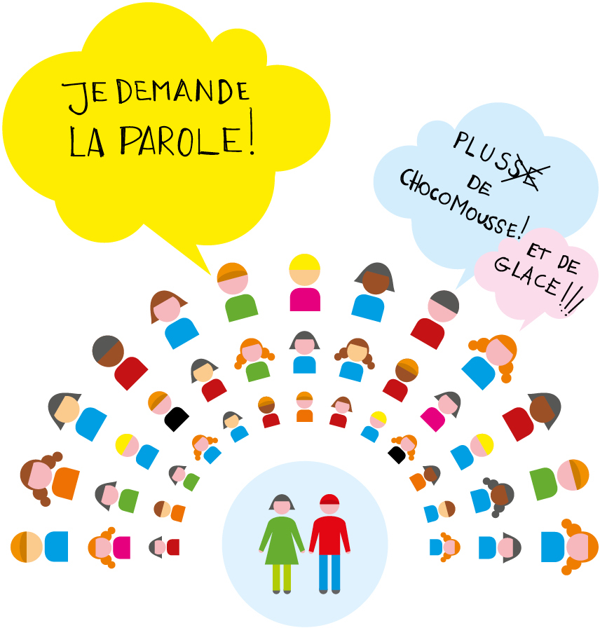 Environ 40 enfants assistent à une assemblée et tentent de décider ensemble. 
Un garçon crie que c’est à son tour de prendre la parole. 
Un autre garçon dit «Plus de mousse au chocolat!», tandis qu’une fille ajoute «Et de glace!».