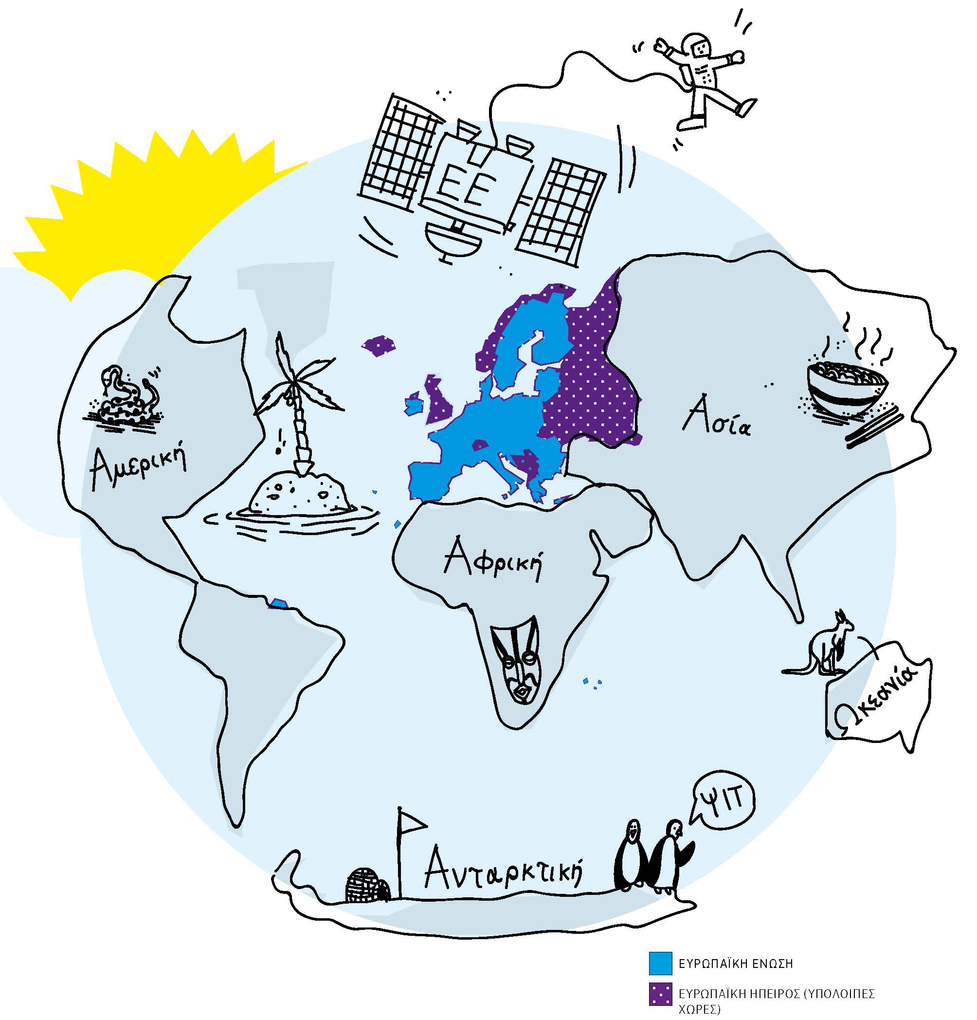Στον παγκόσμιο χάρτη φαίνεται πού βρίσκεται η Ευρώπη σε σχέση με τις άλλες ηπείρους.