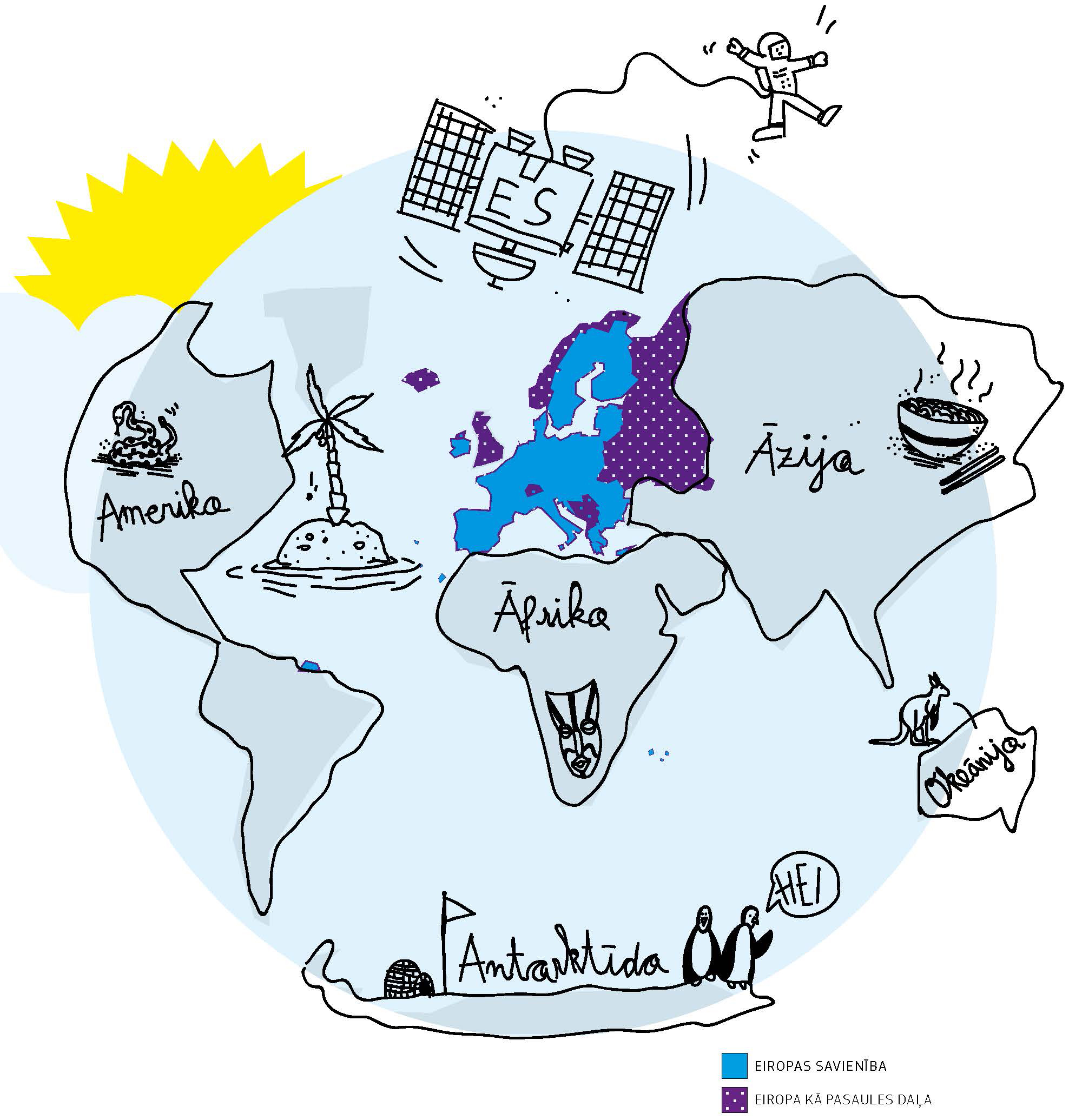 Pasaules karte, kas attēlo Eiropas atrašanās vietu starp citām pasaules daļām.