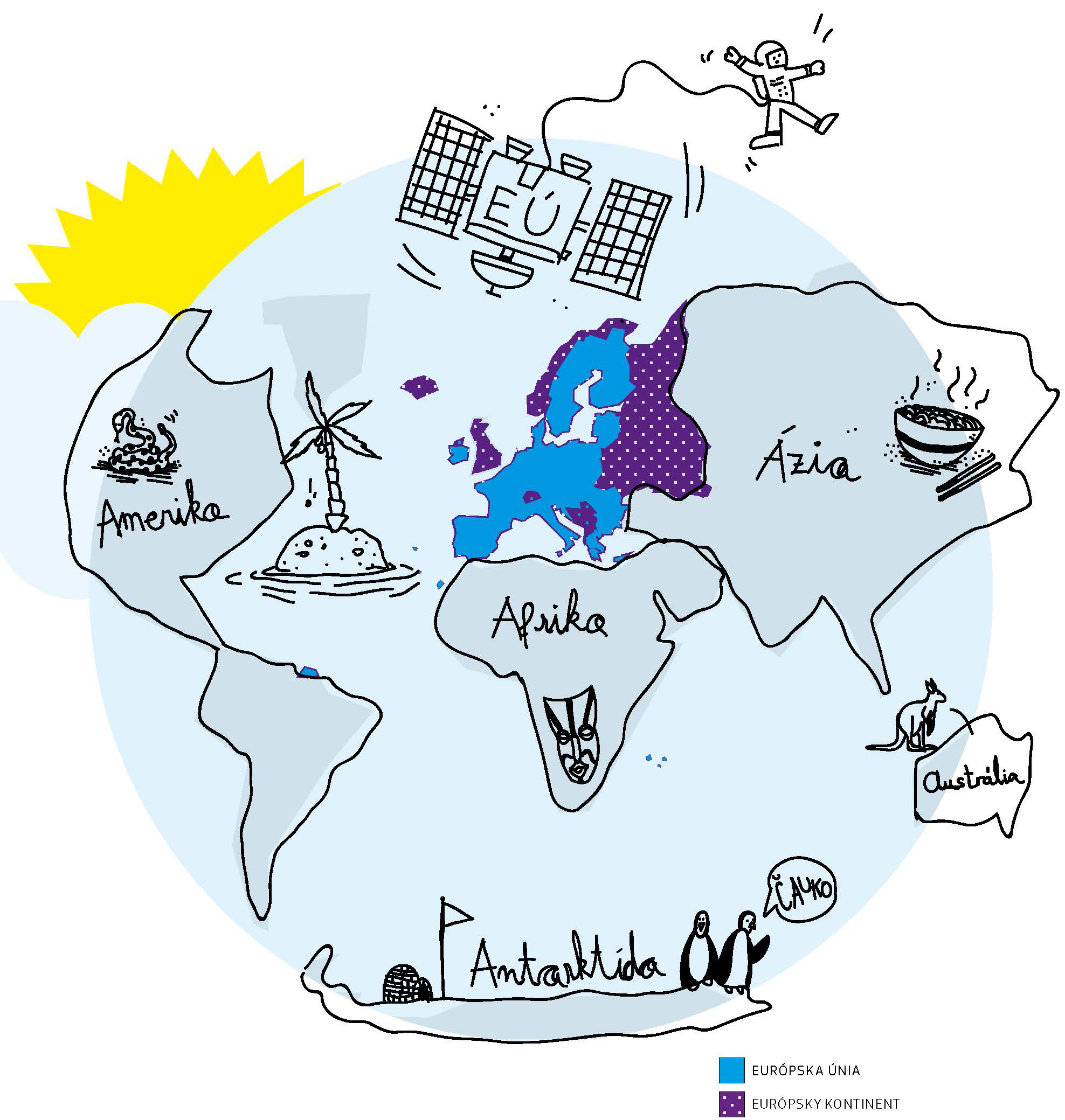 Táto mapa sveta ukazuje, kde sa nachádza Európa v porovnaní s ostatnými kontinentmi.