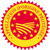Le logo de l’«appellation d’origine protégée» est un cercle rouge et jaune. Le milieu représente un champ entouré de 12 étoiles. La mention «appellation d’origine protégée» entoure les étoiles.