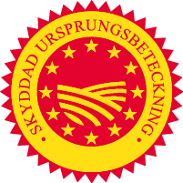 Logotypen för ”skyddad ursprungsbeteckning” är en röd och gul cirkel. I mitten ser du en åker omgiven av 12 stjärnor. Orden ”skyddad ursprungsbeteckning” är skrivna runt stjärnorna.