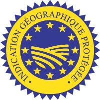 Le logo «Indication géographique protégée» est un cercle bleu et jaune. Le milieu représente un champ entouré de 12 étoiles. La mention «Indication géographique protégée» entoure les étoiles.