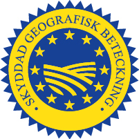 Logotypen för ”skyddad geografisk beteckning” är en blå och gul cirkel. I mitten ser du en åker omgiven av 12 stjärnor. Orden ”skyddad geografisk beteckning” är skrivna runt stjärnorna.