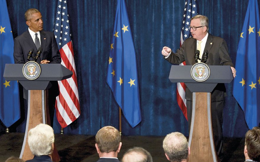 Immagine: Il presidente degli Stati Uniti, Barack  Obama, ed il presidente della Commissione europea, Jean‑Claude Juncker, ad una conferenza stampa congiunta al vertice NATO tenutosi a Varsavia l’8 luglio 2016. © Unione europea