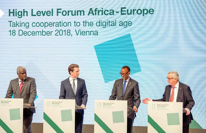 Image: President of Rwanda Paul Kagame, Austrian Chancellor Sebastian Kurz, Chairperson of the African Union Commission Moussa Faki Mahamat and Commission President Jean-Claude Juncker attend the High Level Forum Africa–Europe on digital cooperation, Vienna, Austria, 18 December 2018. © European Union