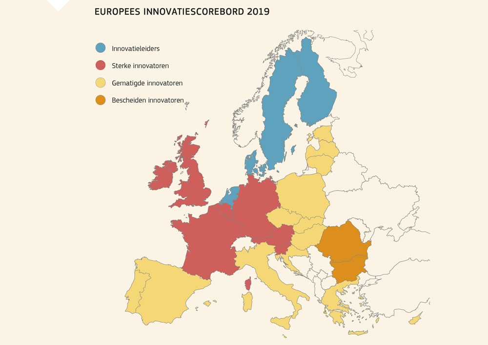 Kaart van de lidstaten van de Europese Unie gerangschikt volgens hun innovatieprestaties in 2019
