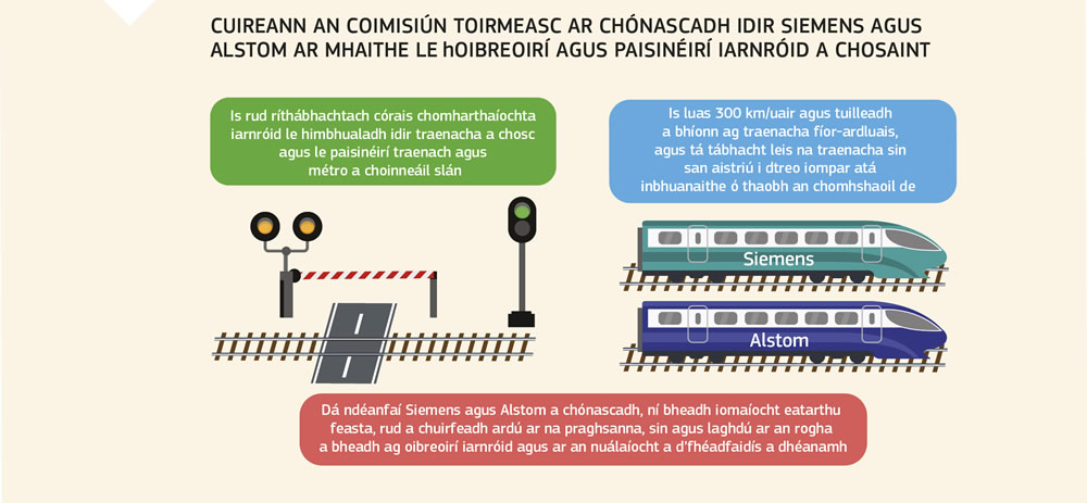 Tugtar míniú sa léaráid seo ar an gcinneadh ón gCoimisiún maidir le cónascadh idir Siemens agus Alstom