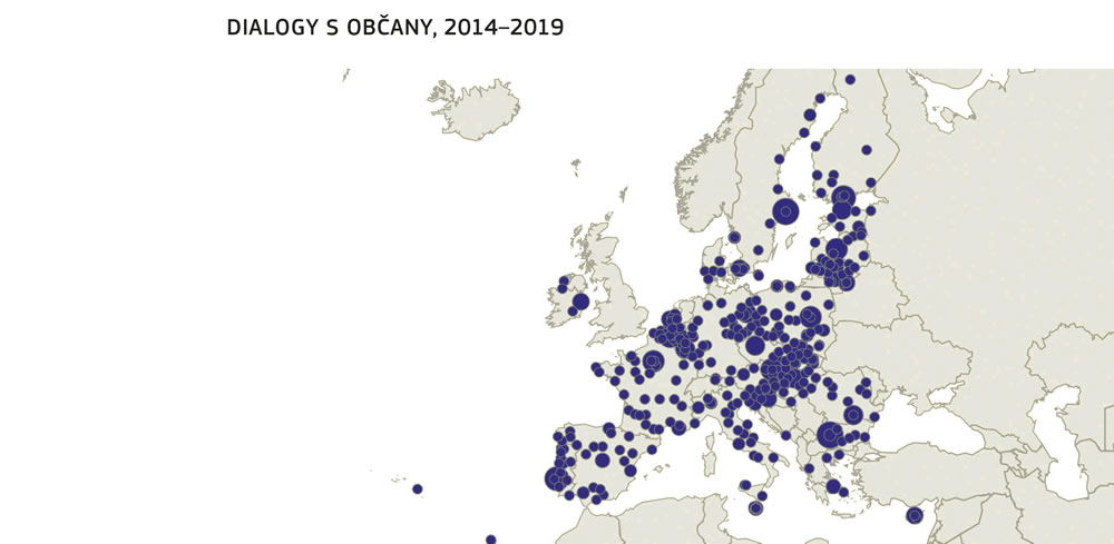 Mapa znázorňující zeměpisné rozložení občanských dialogů v letech 2014 až 2019.