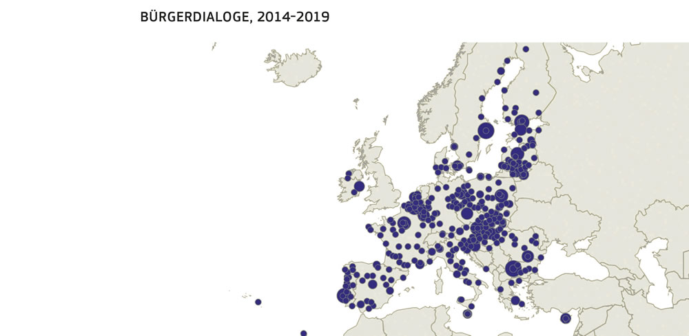 Karte der geografischen Verteilung der Bürgerdialoge im Zeitraum 2014 bis 2019