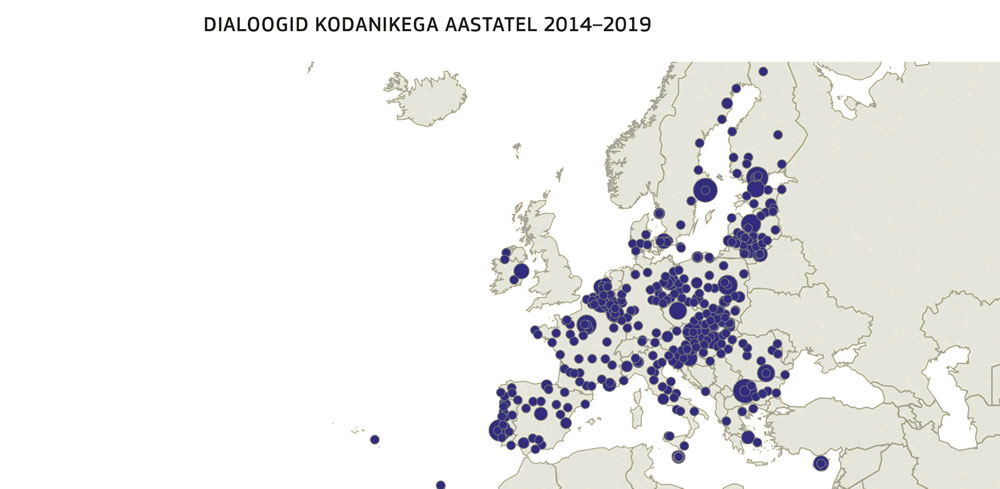 Kaart, mis näitab kodanikudialoogide geograafilist jaotust ajavahemikus 2014–2019