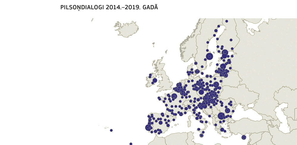 Karte, kurā attēlots pilsoņdialogu ģeogrāfiskais sadalījums laikposmā no 2014. līdz 2019. gadam