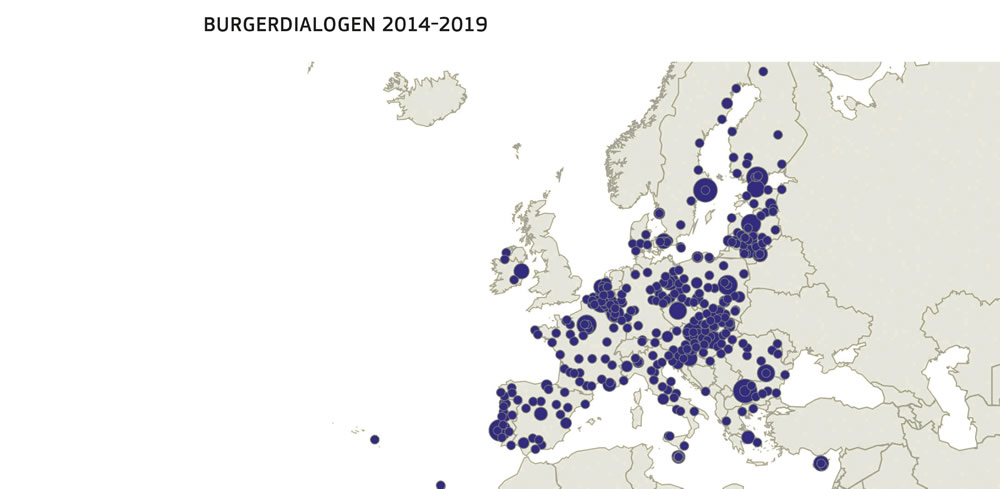 Kaart van de geografische verdeling van de burgerdialogen in de periode 2014-2019