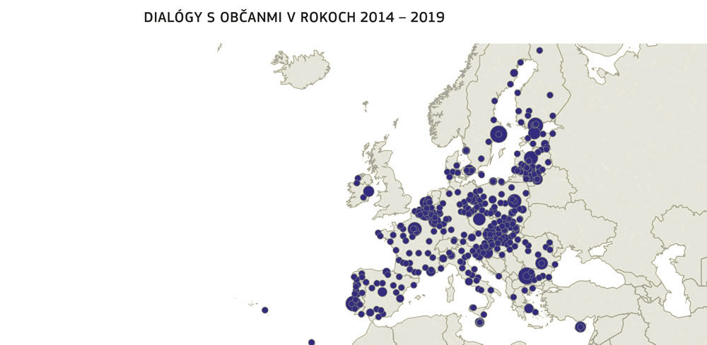 Mapa zobrazujúca geografické rozloženie dialógov s občanmi v období 2014 až 2019