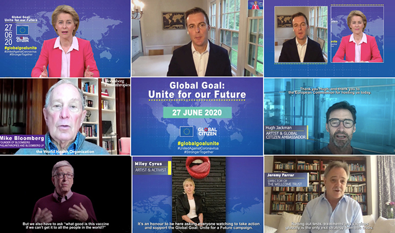 Screenshot van de videoconferentie “Global Goal” waarop het logo en verschillende sprekers te zien zijn, waaronder Commissievoorzitter Ursula von der Leyen.