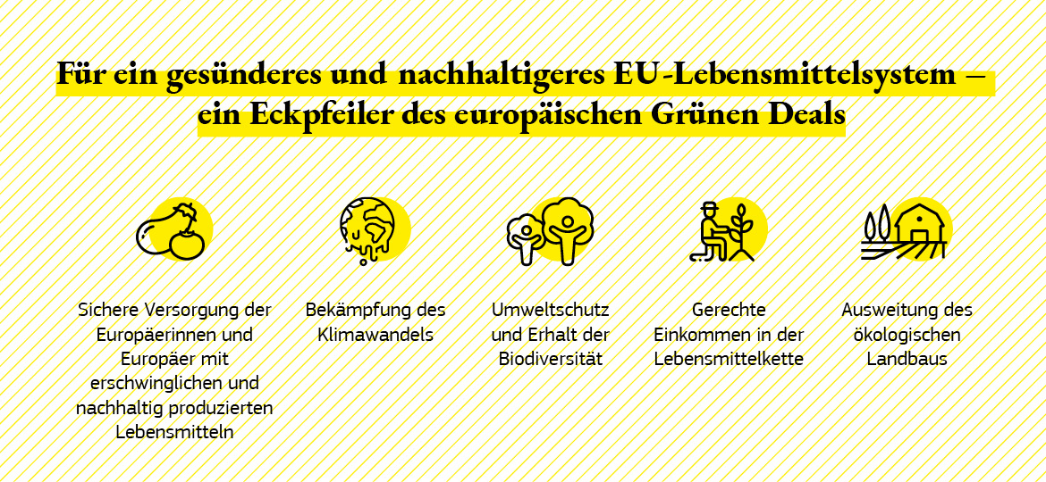 Infografik zur Darstellung der verschiedenen Ziele der Strategie „Vom Hof auf den Tisch“.