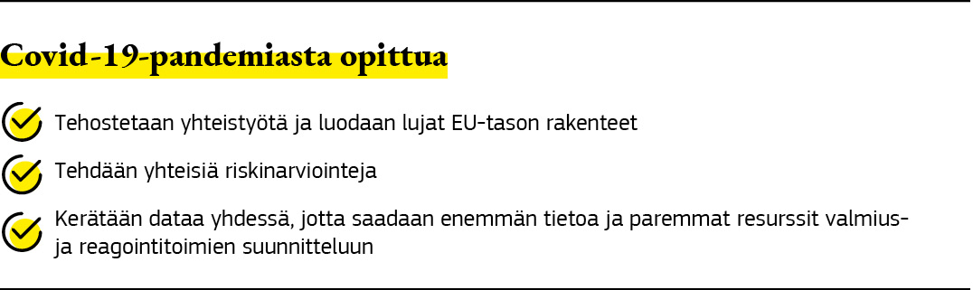 Graafinen esitys, jossa tiivistetään covid-19-pandemiasta saatuja oppeja.