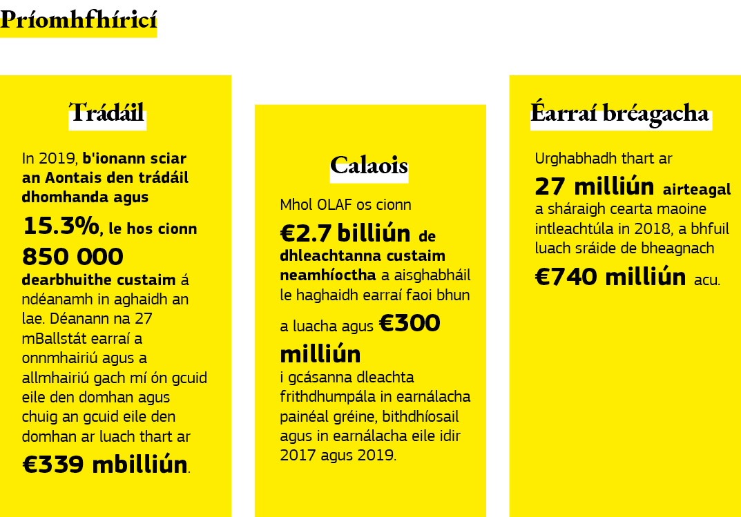 Léaráid ina léirítear príomhfhigiúirí custaim an Aontais.