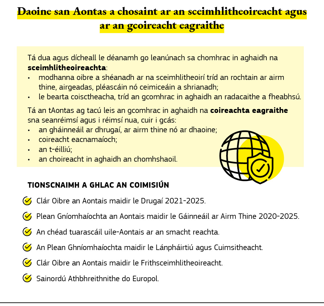 Léaráid achomair ar ghníomhaíochtaí an Aontais lena gcosnaítear muintir na hEorpa ar an sceimhlitheoireacht agus ar an gcoireacht eagraithe.