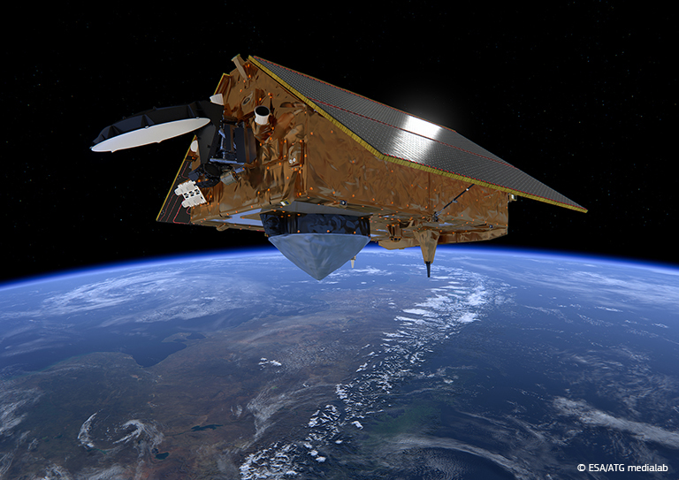 Een satelliet draait in een baan rond de aarde, met op de achtergrond het Andesgebergte. © ESA/ATG medialab