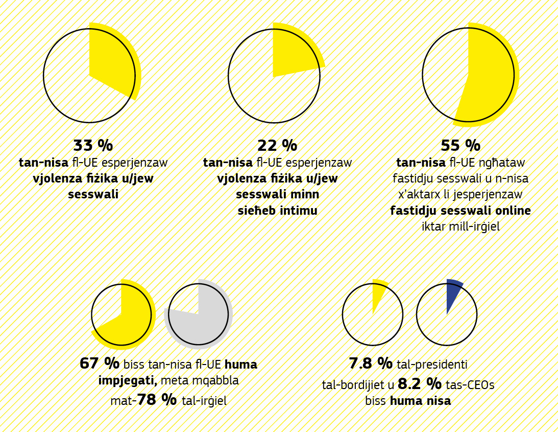 Grafika li turi d-data dwar il-kwistjonijiet marbuta mal-ugwaljanza bejn l-irġiel u n-nisa.