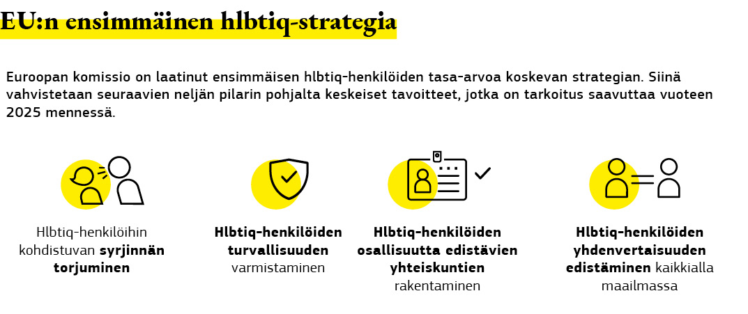 Graafinen yhteenveto Euroopan unionin ensimmäisestä hlbtiq-strategiasta.