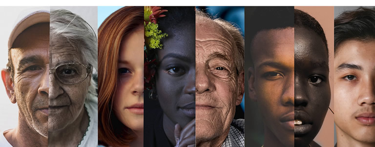 Horizontale collage samengesteld uit halve gezichten van mensen van verschillende etnische en leeftijdsgroepen.