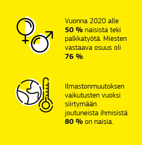 Graafinen esitys, jossa esitetään tietoja sukupuolikysymyksistä kehitysyhteistyön yhteydessä.