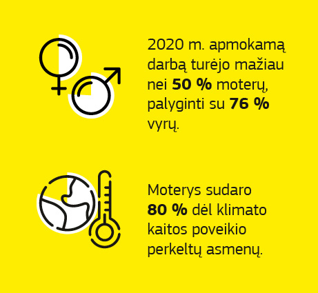 Diagrama, kurioje pateikiami lyčių lygybės problemas atskleidžiantys duomenys vystomojo bendradarbiavimo kontekste.