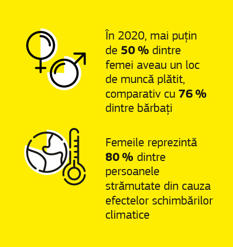 Infografic care prezintă date privind aspectele legate de gen în contextul cooperării pentru dezvoltare.