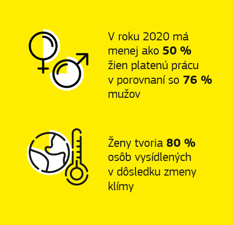 Infografika s údajmi o otázkach rovnosti mužov a žien v kontexte rozvojovej spolupráce.