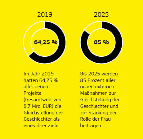 Grafische Darstellung von Daten zur Gleichstellung der Geschlechter im Rahmen der Entwicklungszusammenarbeit.