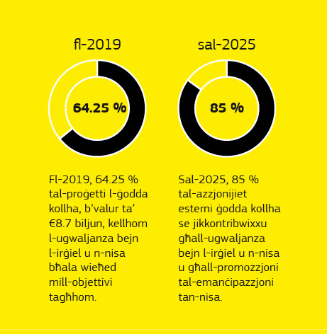 Grafika li turi d-data dwar il-kwistjonijiet marbuta mal-ugwaljanza bejn l-irġiel u n-nisa fil-kuntest tal-kooperazzjoni għall-iżvilupp.