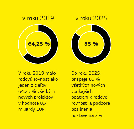 Infografika s údajmi o otázkach rovnosti mužov a žien v kontexte rozvojovej spolupráce.