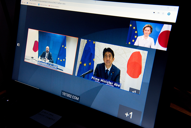 Ursula von der Leyen, Charles Michel and Shinzō Abe participate in the EU–Japan leaders’ meeting by videoconference.