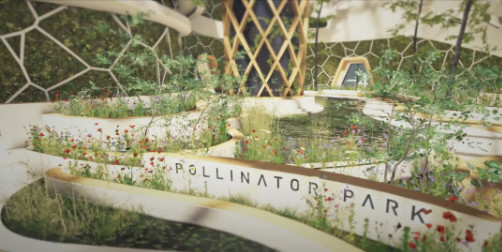 A screenshot of a digital urban garden taken from the Pollinator Park experience.