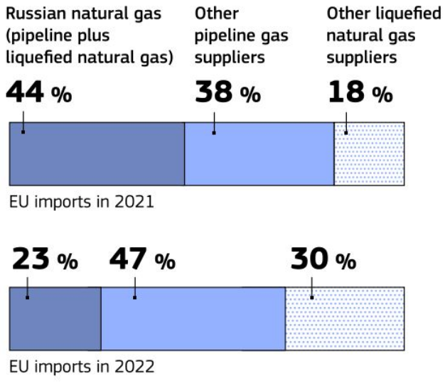 The infographic shows the diversification of energy supplies imported into the EU in 2022 compared to 2021 and the percentage amount imported for each year.