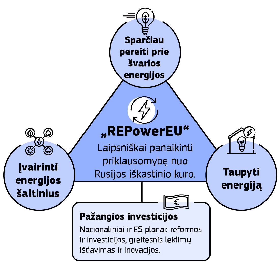 Infografike pavaizduoti pagrindiniai plano Rypauer yjū, kaip investicijos į ES priklausomybės nuo Rusijos iškastinio kuro mažinimą, tikslai.