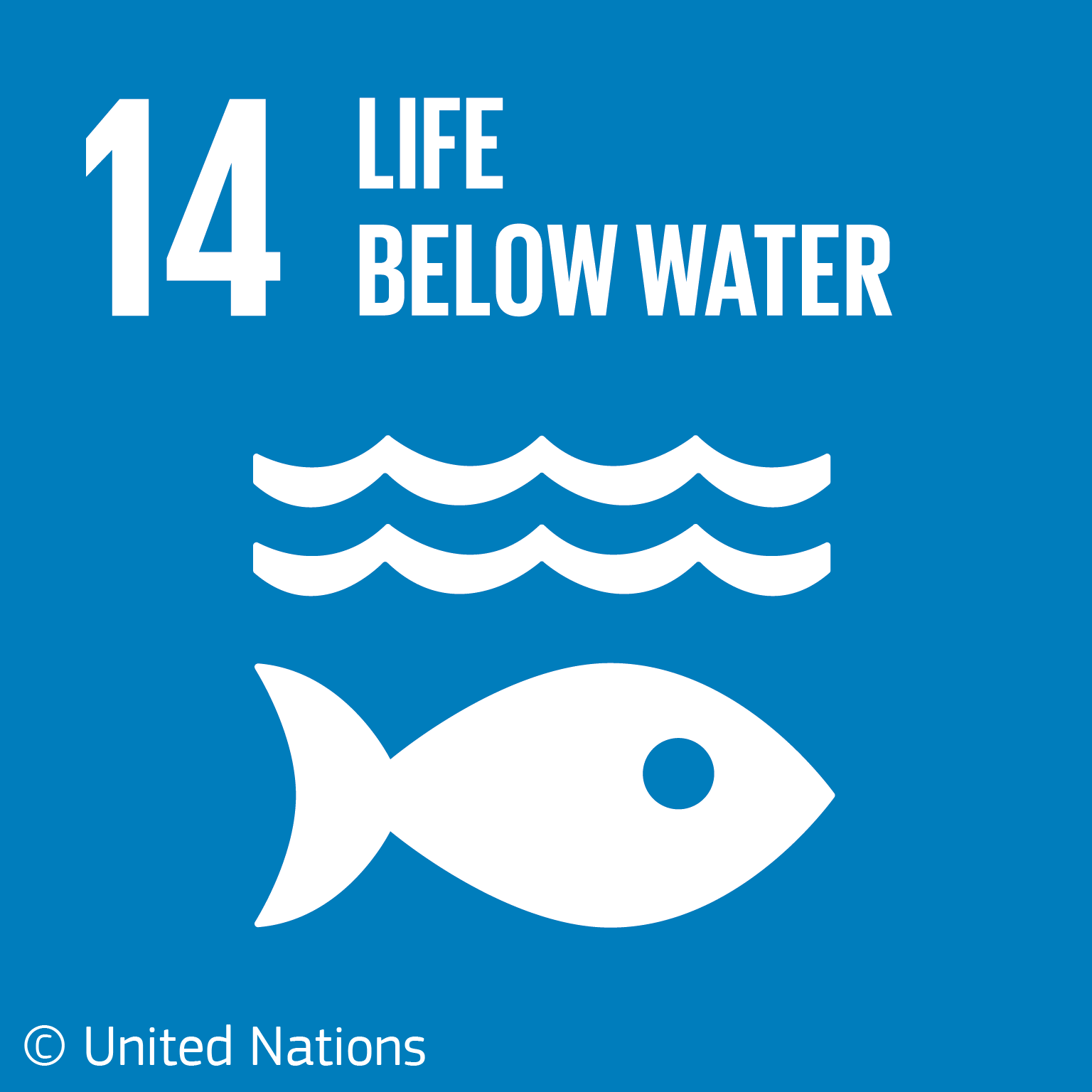 Denna infografik med en stiliserad fisk i havet mot en blå bakgrund visar livet under vatten och används som symbol för FN:s fjortonde mål för hållbar utveckling.