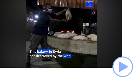 Vaizdo siužetas, kuriame rodoma, kaip ES ir Oksfam suvienijo jėgas, kad vėl užkurtų krosnis per karą sugriautoje kepykloje Sirijoje.