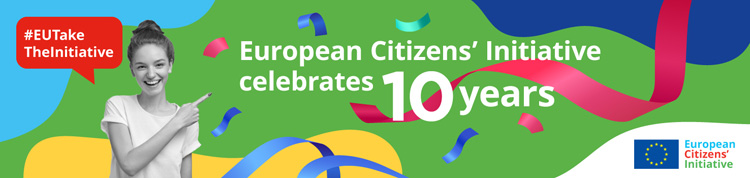 Een infographic met een banner ter gelegenheid van het tienjarig bestaan van het Europees burgerinitiatief, met in het Engels de hashtag “EU Neem initiatief”.