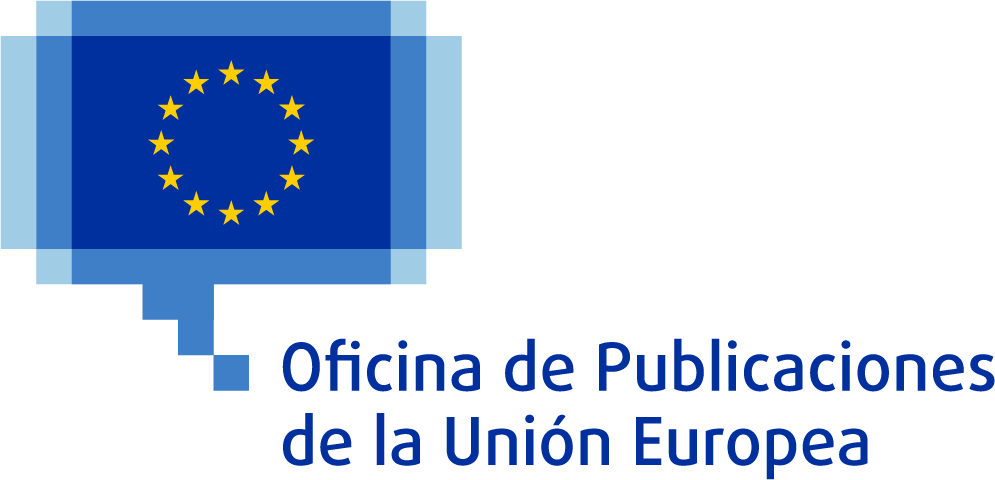 Logotipo de la Oficina de Publicaciones de la Unión Europea, consistente en la bandera de la Unión Europea con doce estrellas amarillas dispuestas en un círculo sobre fondo azul dentro de un bocadillo pixelado azul.